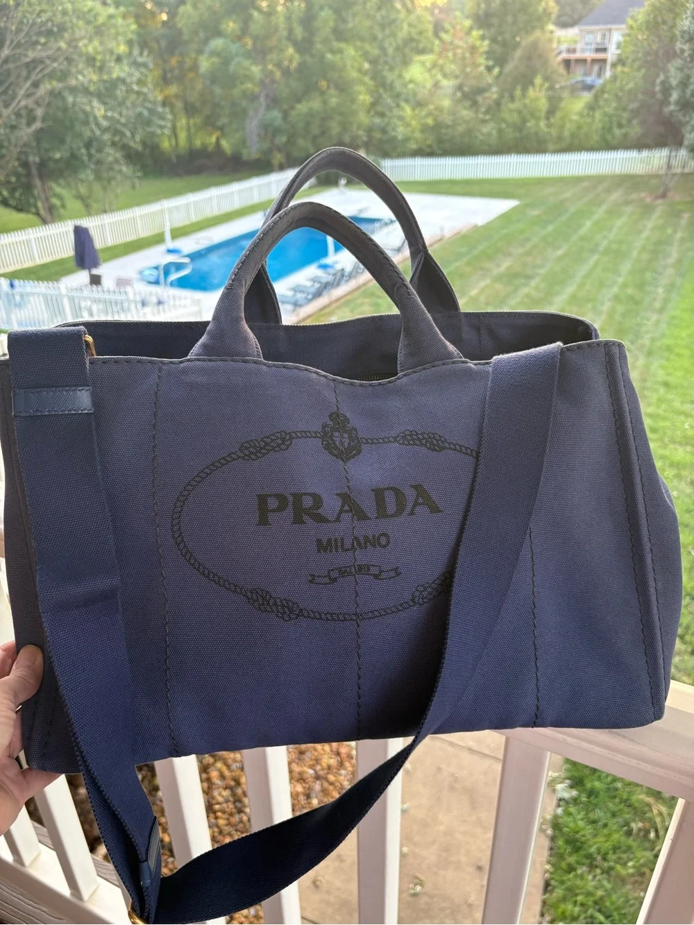 Prada Large Canapa Canvas Tote Bag Bluette Blue Gold Hardware B1872G Authentic